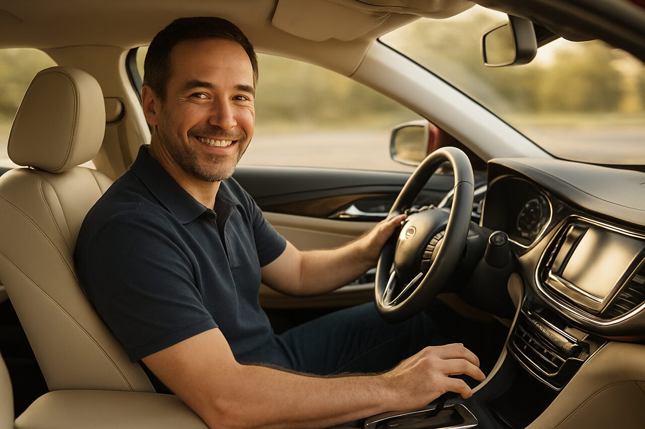 A friendly Rantoul Rides driver at the wheel of a clean red sedan